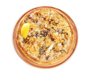 Delicious seafood pizza on wooden stand isolated on white