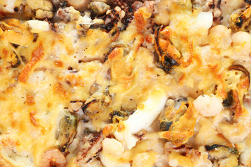 Delicious seafood pizza background