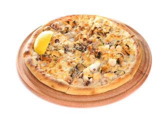 Delicious seafood pizza on wooden stand isolated on white