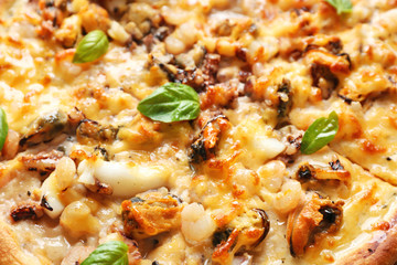 Delicious seafood pizza background