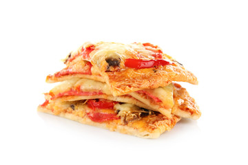 Tasty pizza slices on white background