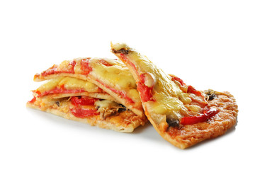 Tasty pizza slices on white background