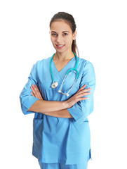 Young beautiful doctor on white background