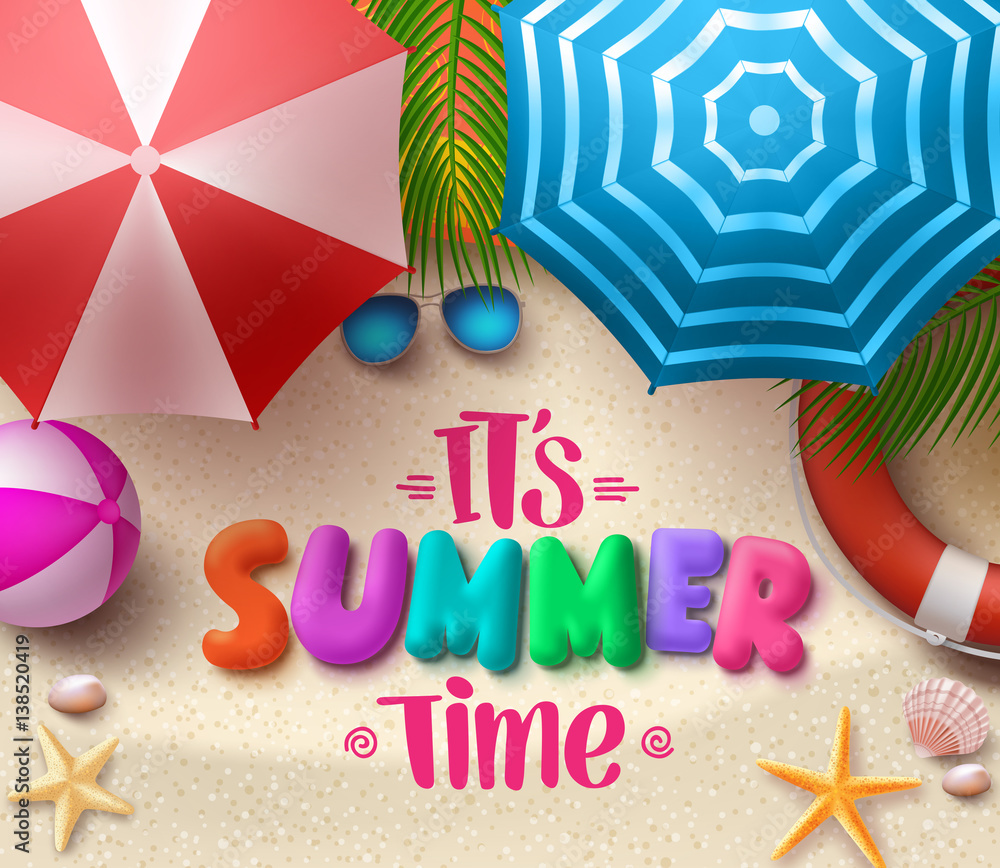 Poster summer time vector colorful text in the sand with beach umbrellas, objects and elements under palm l