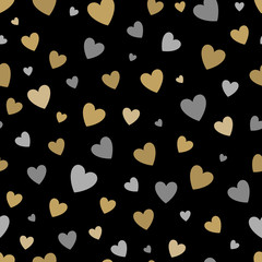 beautiful seamless pattern with gold and silver glittering hearts on black background.