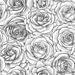 Beautiful monochrome, black and white seamless background with roses.