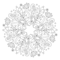 Coloring page with vintage flowers. Black and white. Handrawn ound ornament.