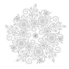 Coloring page with vintage flowers. Black and white. Handrawn ound ornament.