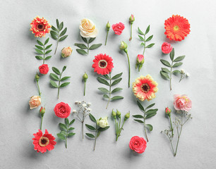 Flat lay of fresh flowers on white background