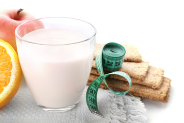 Different dairy products on white background