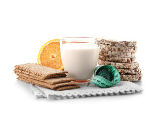 Different dairy products on white background