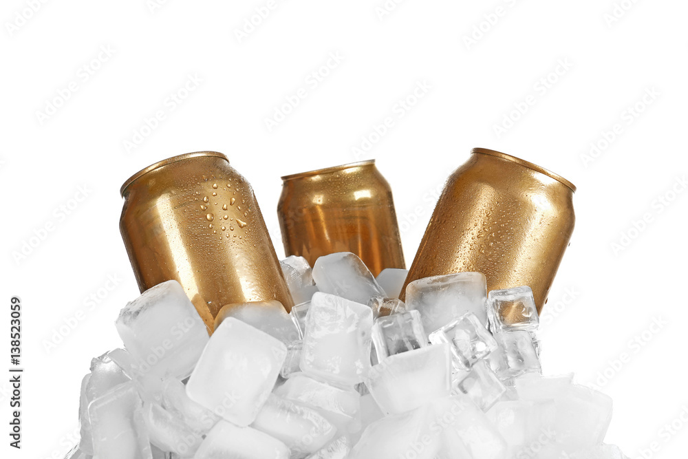 Poster cans of beer in ice on white background