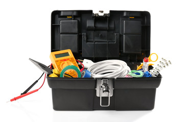 Box with tools on white background