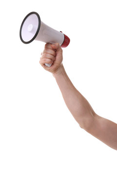 Male hand holding megaphone on white background