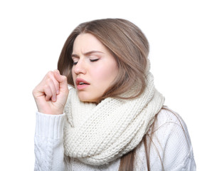 Young ill woman on white background