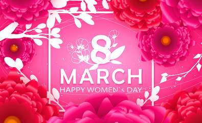 8 March Happy Women`s Day in square - spring vector background with Paper cut flower. Handdrawn Floral template, Greeting card. Holiday, Origami design, Trendy backdrop for Womens and Mother's Day
