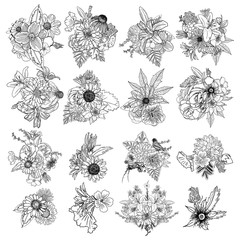 Set of 4 vintage Bouquet of different hand drawn flowers. Vintage black white and isolated, can be used as invitation, greeting card, print,adult colouring book. 