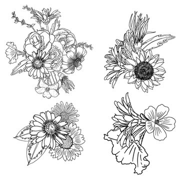 Set of 4 vintage Bouquet of different hand drawn flowers. Vintage black white and isolated, can be used as invitation, greeting card, print,adult colouring book. 