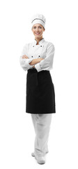 Portrait of female chef isolated on white