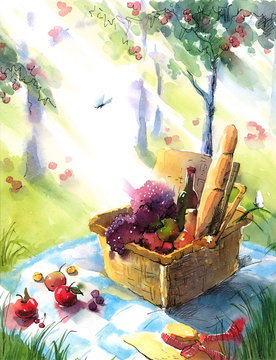 Watercolor Picnic Basket Food Wine Nature Recreation Vacation Lifestyle Summer Illustration Hand Painted 
