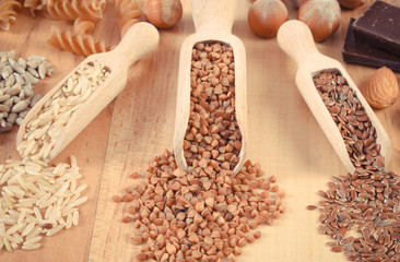 Vintage photo, Natural ingredients and products containing magnesium and dietary fiber, healthy nutrition