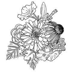 Flowers. Bouquet of different hand drawn flowers. Vintage black white and isolated, can be used as invitation, colouring book, greeting card, print Vector.