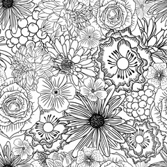 Doodle floral drawing seamless pattern wallpaper. Art therapy coloring page for adults. Endless flowers repetition. Vector.