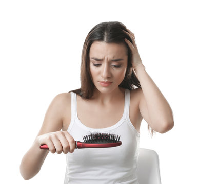 Young Woman With Hair Loss Problem On White Background