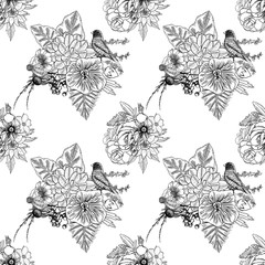 Bird, roses, Aster and chamomile,  with exotic leaves hand drawing seamless background pattern. Endless vector.