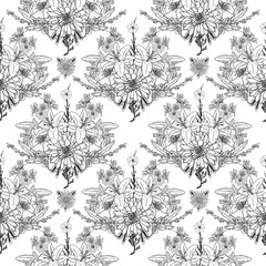 Black and white flower pattern for coloring. Endless floral drawing doodle Art therapy coloring page. Coloring book page, anti stress for adults. Vector.
