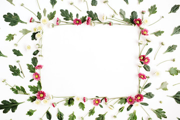 Frame wreath with red and white wildflowers, green leaves, branches on white background. Flat lay, top view. Flower background.