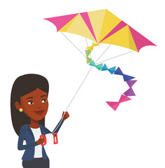 Young woman flying kite vector illustration.