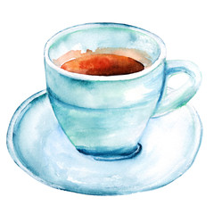Watercolour drawing of coffee cup in teal, isolated