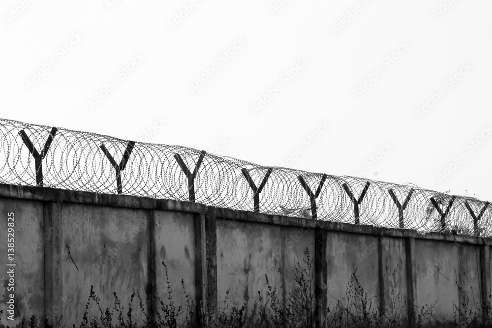 Wall mural barbed wire fencing around a prison