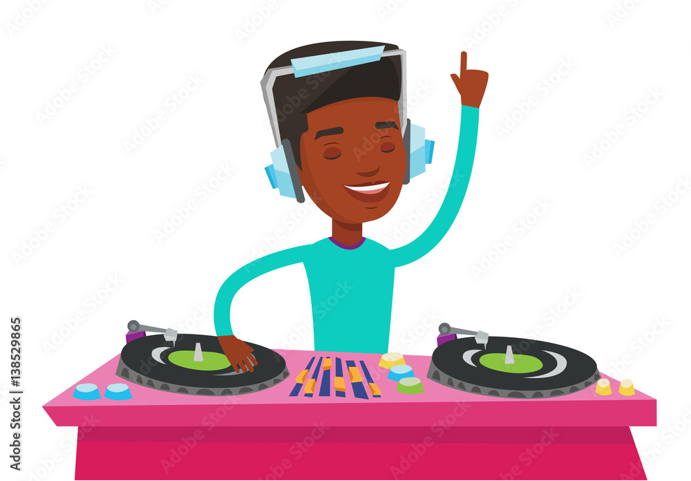 Sticker dj mixing music on turntables vector illustration.