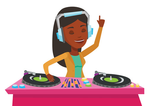DJ mixing music on turntables vector illustration.
