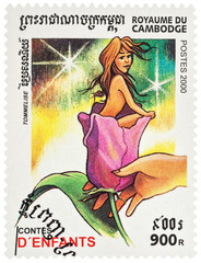 Scene from a fairy tale "Thumbelina" on postage stamp