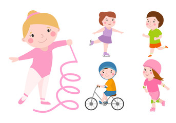 Young kids sportsmens future roller skates gymnastics isolated on white and children young winners after sport school team players vector illustration.