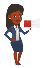 Young woman speaking into megaphone.