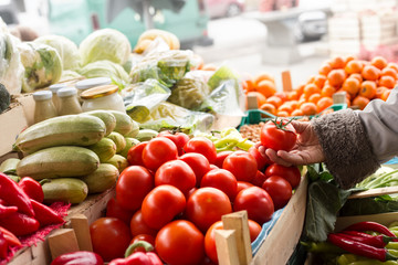 Senior woman shopping for tomato on farmers market