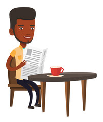 Man reading newspaper and drinking coffee.