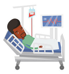 Man lying in hospital bed vector illustration.