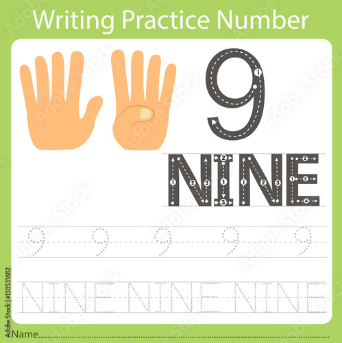 "worksheet Writing practice number nine" Stock image and royalty-free