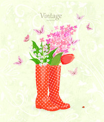 vintage banner with lovely flowers in rubber boots for your desi