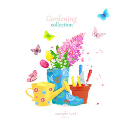 lovely gardening concept with spring flowers and flying butterfl