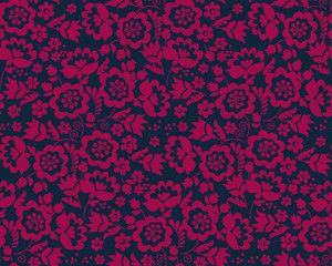 Simple floral decorative seamless pattern inspired by Ukrainian folk culture. Monochrome red flower repeatable element for cloth, fabric, background, wrapping paper