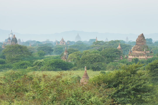 Image of a foggy morning in Bagan 