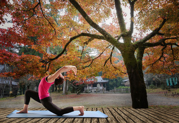 Sporty fit women practices yoga Anjaneyasana - low crescent lunge under maple tree in autumn season.
