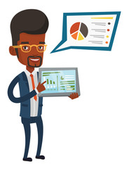 Business man presenting report on tablet computer.