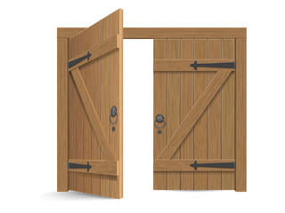 Old wooden massive opened gate. Double door with iron handles and hinges. Vector detailed illustration, isolated on white background.